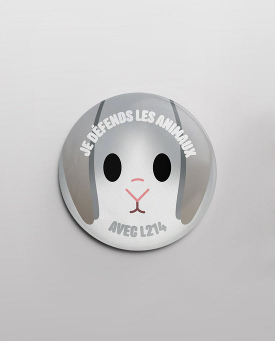 Badge "Je défends les animaux" - lapin portrait