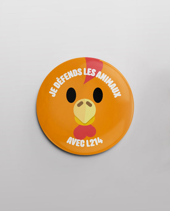 Badge "Je défends les animaux" - poule portrait